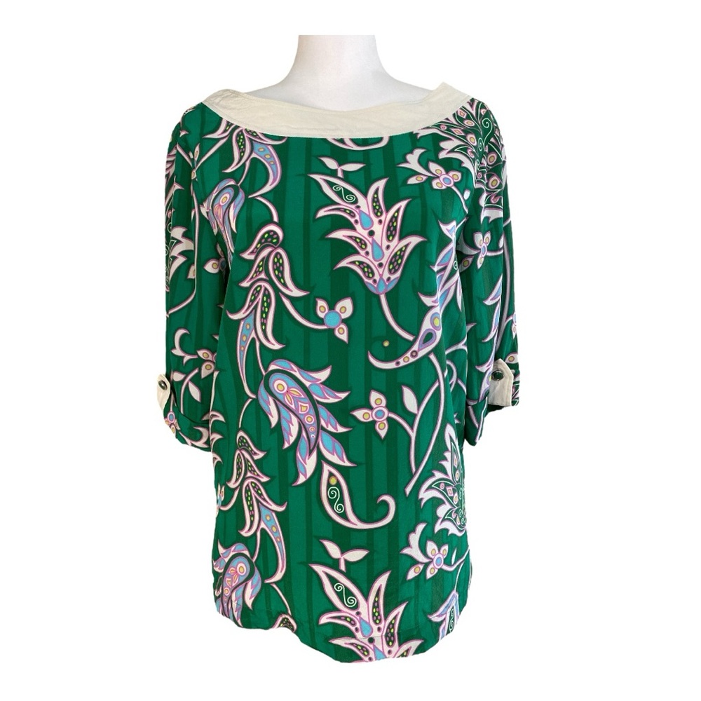 Bob Mackie Wearable Art Silk Top Size S Green Paisley Retro Designer 60s
